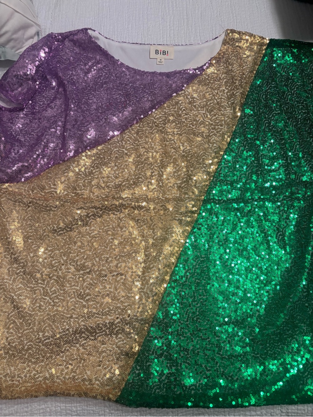BiBi Tri-Panel Sequin Mardi Gras Top in Purple, Gold & Green